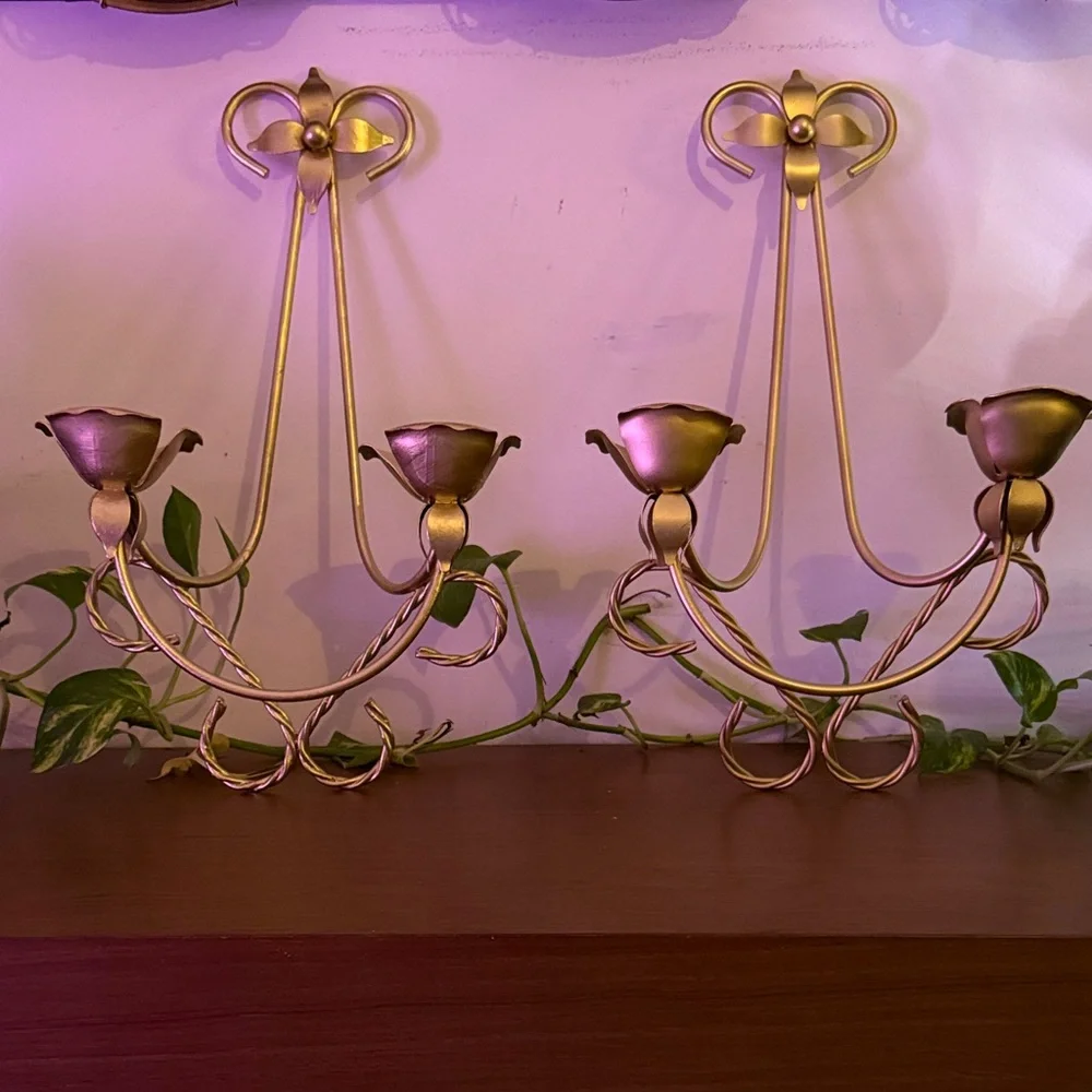 Vintage Home Interiors Gold Wall Candle Holders - Pair